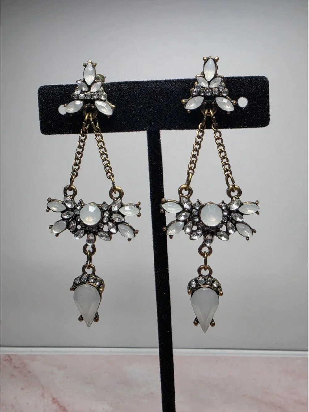 Large White Opal Faux Crystal Dangle Statement Chandelier Earrings